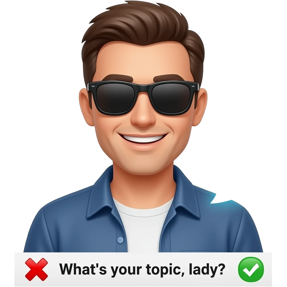 A informal man with sunglasses, glowing digital, symbols on the around, a floating Facebook logo, on the left shoulder, looking at viewer with smile. Text on below: 'What's your topic, lady?' shimmering a red x and a green check icons emoji