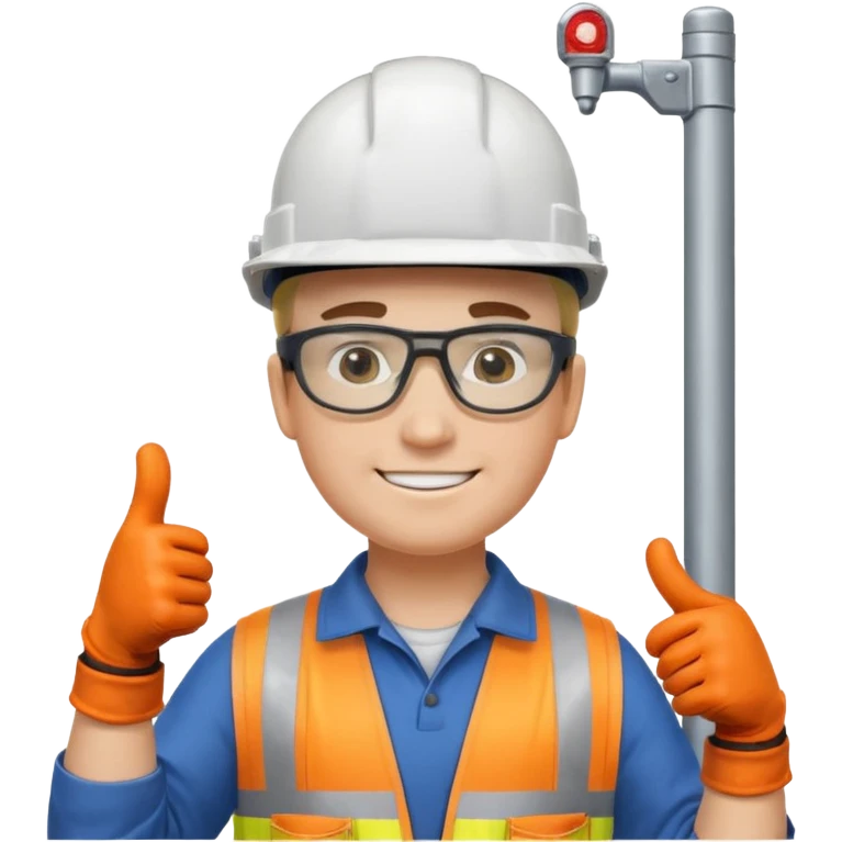 Un electricista en el poste de luz con todos sus implementos de seguridad haciendo like emoji