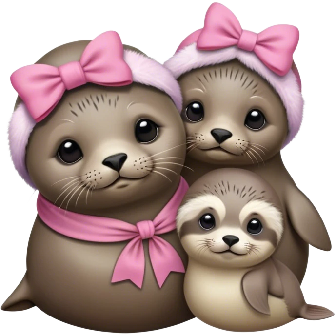 Mom seal with pink bow on her head and baby seal with a brown touqe emoji
