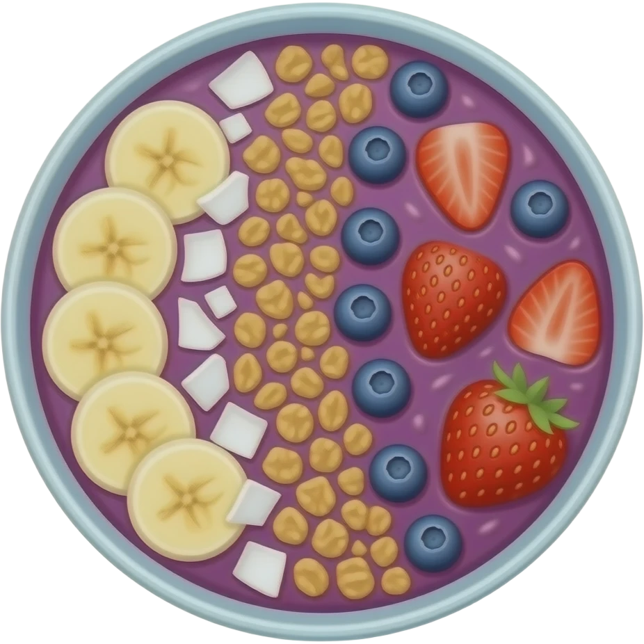 cute acai bowl emoji, purple smoothie bowl with banana slices, strawberries, blueberries and granola on top, coconut flakes, minimal emoji style emoji