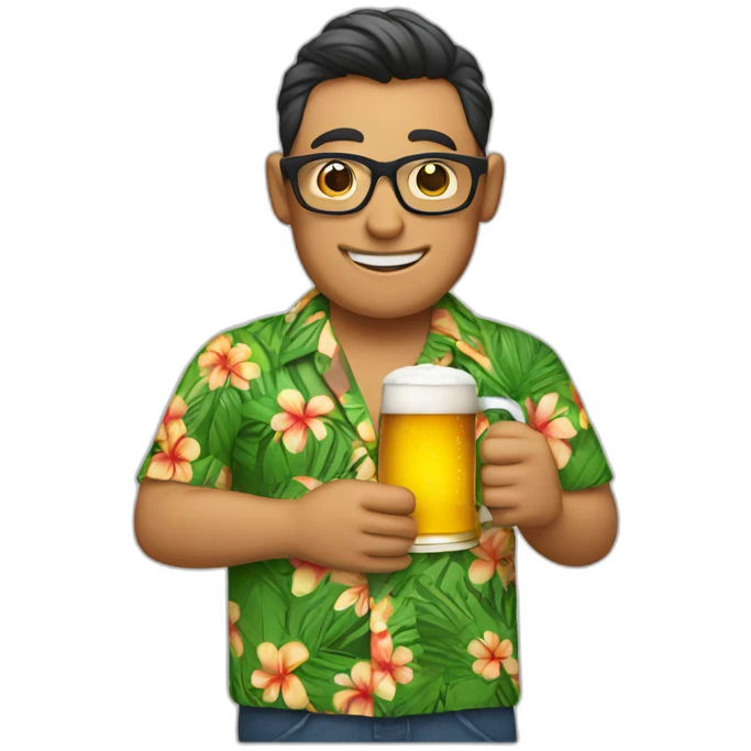 A person wearing glasses and an aloha shirt is holding beer emoji