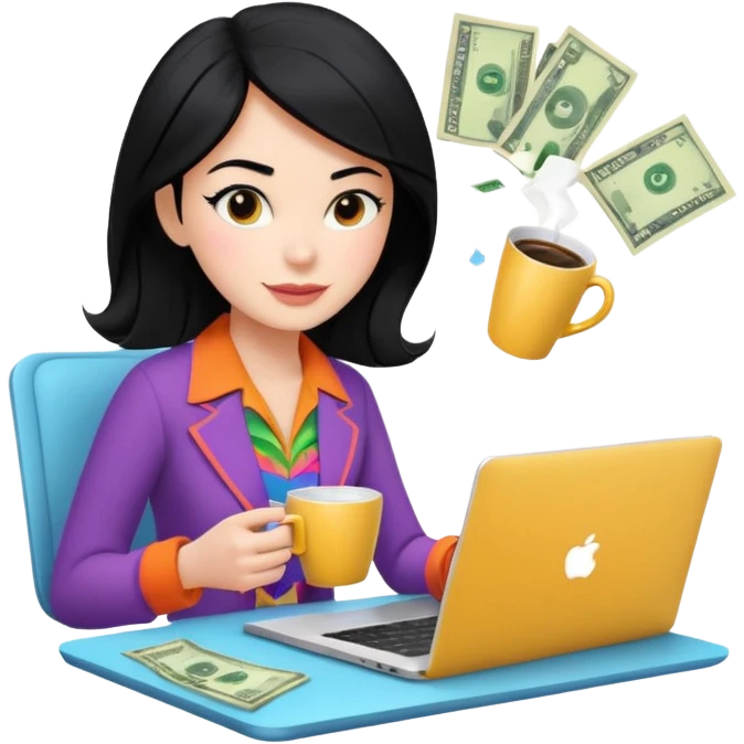  woman character with laptop and coffee in Paris, dollars coming out from the screen floating, colorful chic outfit, white laptop, Pixar style, black hair, fair skin,  emoji