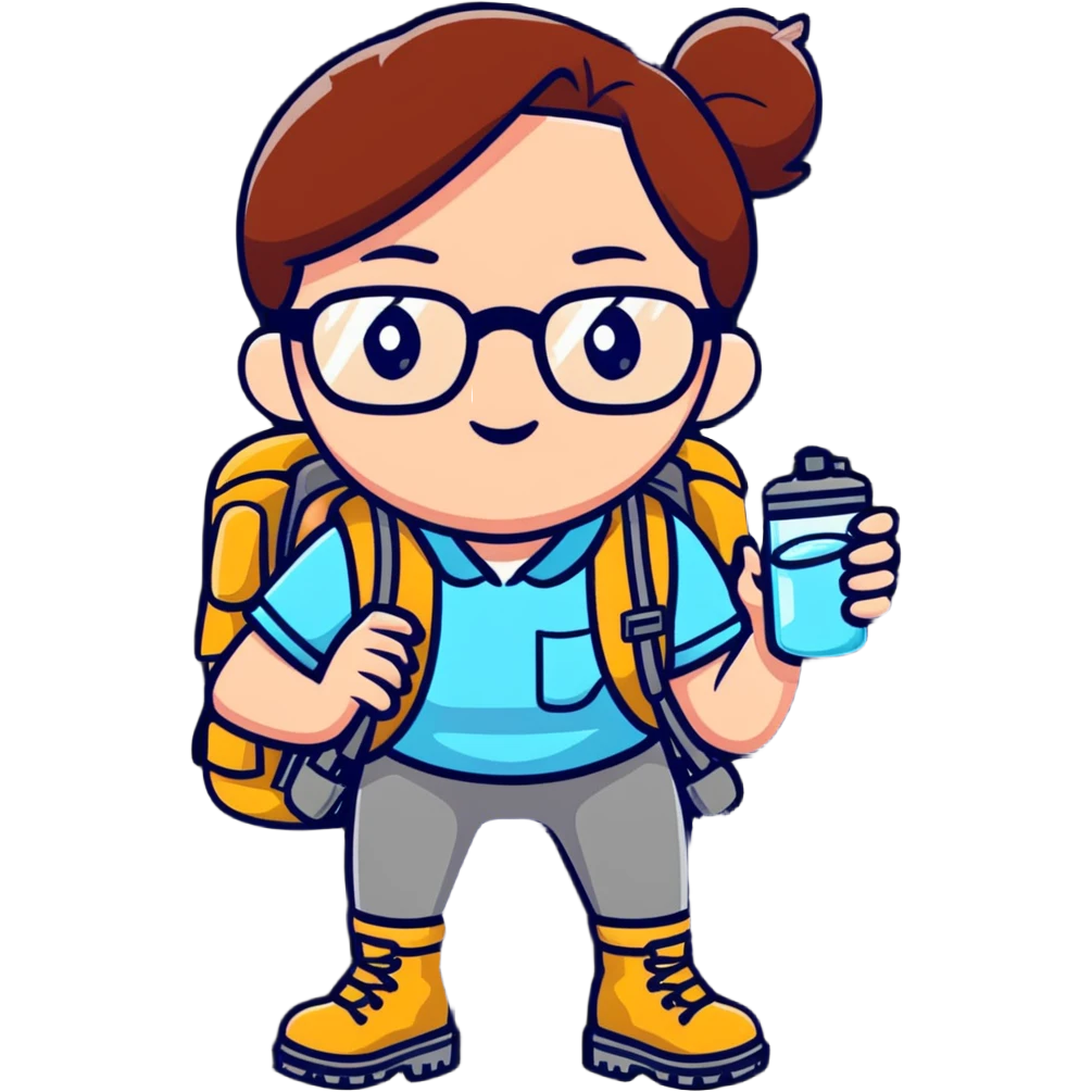 Woman in her late 30s with glasses wearing sporty outfit, hiking boots, and backpack, holding a magnifying glass and looking curious emoji