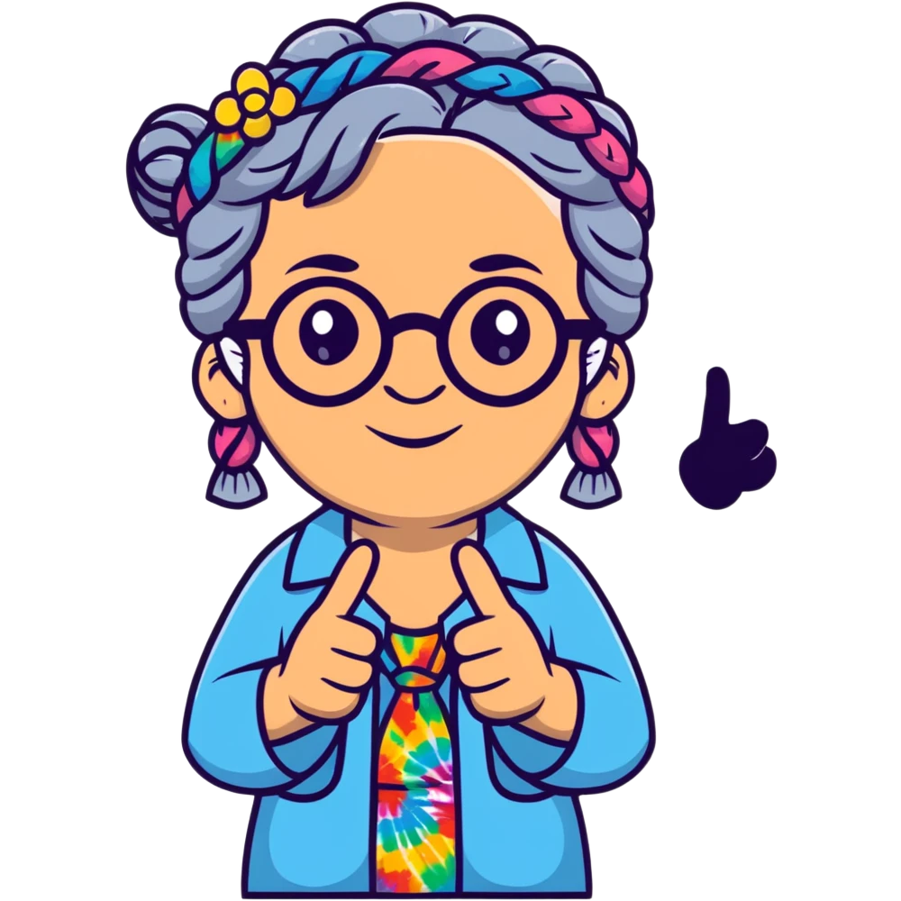 hippie grandma with round glasses, peace sign, tie-dye shirt, grey hair in braids emoji