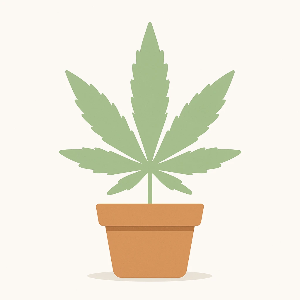 Add a simple flower pot under the cannabis leaf. Keep the flat vector style with smooth outlines and a soft shadow. Use light green tones for the leaf and a brown color for the pot. The illustration should be simple, clean, and on a white background. emoji