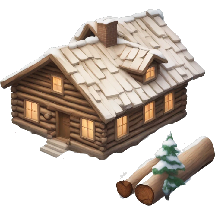 The house is made of chopped logs, one-story, in the snow emoji