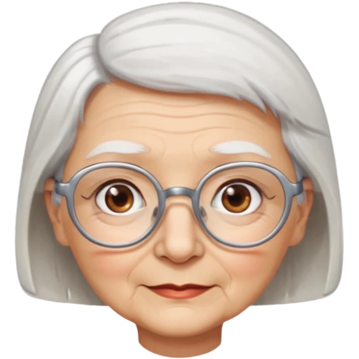 Create me emoji of an old lady. Short white hair to left side. Square glasses. Brown eyes. Rounded really big and really wide face. Wide nose.  emoji