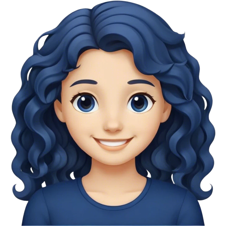 a young girl with wavy hair and a dark blue top smiling emoji