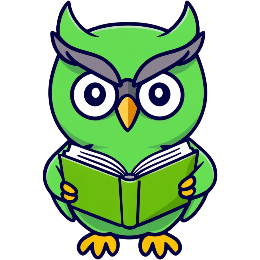 Duolingo owl with English textbook emoji
