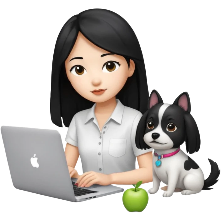 Blue back ground, Asian girl with long black hair , wearing a white shirt, working on an Apple laptop, next to her is a small black and white dog emoji
