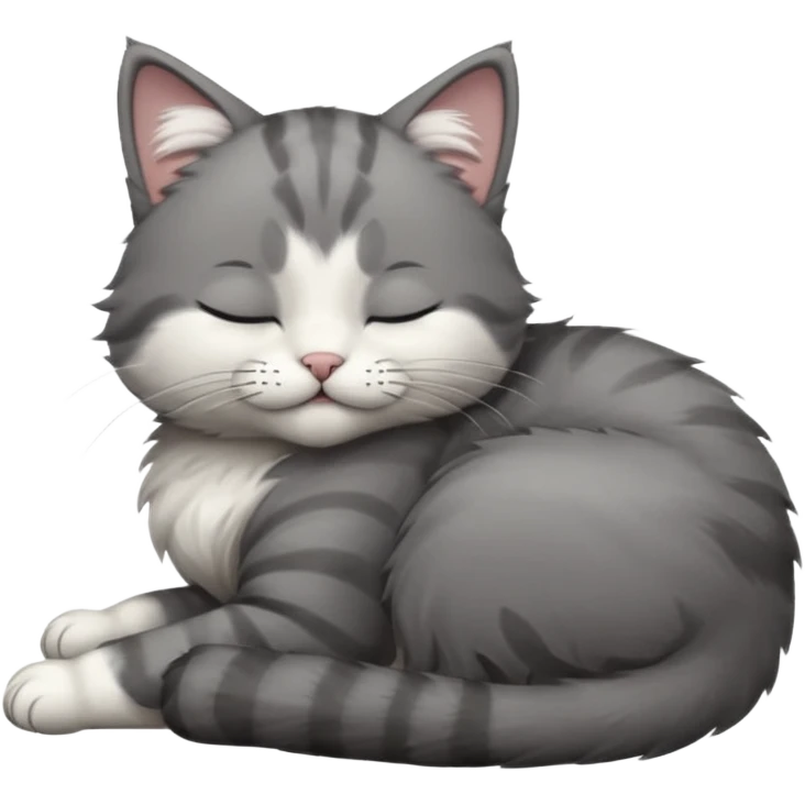 dark grey and white small cat with closed eyes, leaning his head on his paw while leaning on his elbow lying down emoji