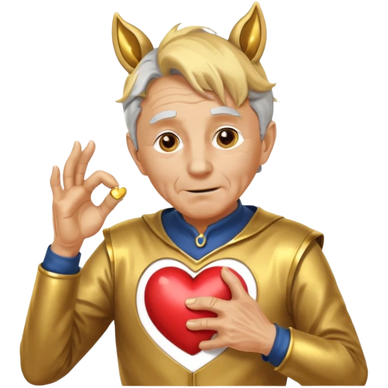 An elderly man with golden skin, his body shining like polished metal, wearing a horse cosplay costume with horse ears and a tail. He is making a heart shape with his hands and blushing slightly, showing a shy and embarrassed expression. emoji