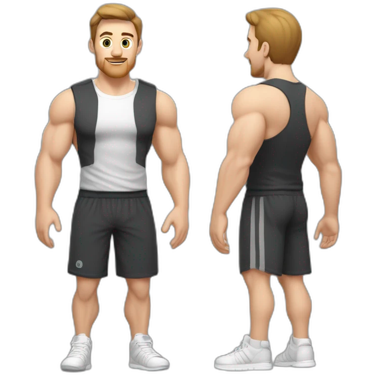 Full height Actively gesturing with hands Pale skinned Fit Man With the biceps and brown hair in dark gray Sleeveless Mike, black oversize sports shorts, watch and white Sneakers emoji