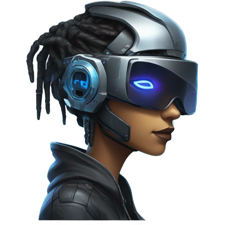 female netrunner, cyberpunk hacker with mechanical glasses, black robot body, black vr headset, eyes covered, no eyes, blue neon emoji