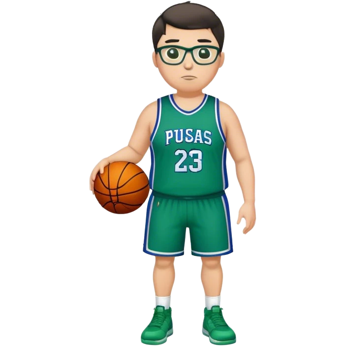 Full Body plus size white male with dark short hair basketball player wearing glasses wearing blue green uniform emoji
