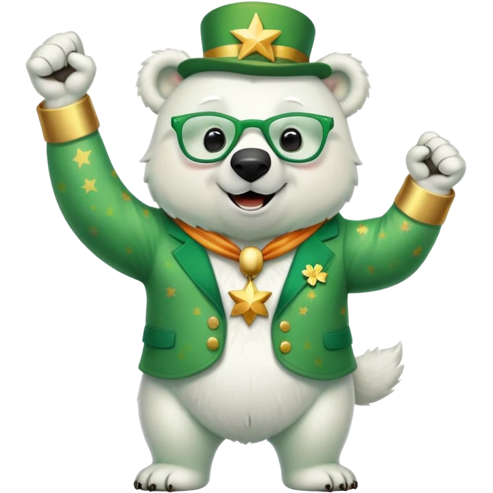 full body friendly anthropomorphised polar bear smiling, wearing large multicolored star-shaped glasses and festive St. Patrick's Day outfit, raising a fist in celebration emoji