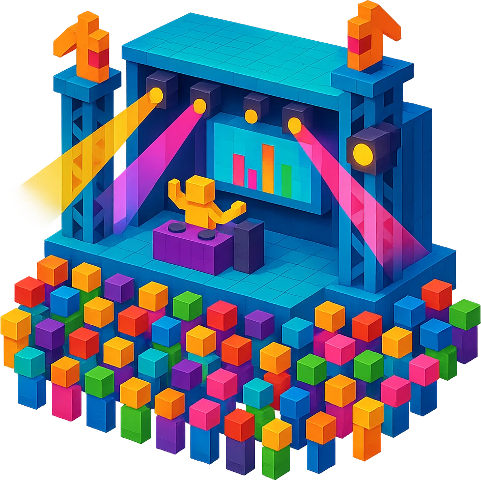 music festival main stage with a large crowd, vibrant lights, and a dynamic performance setup emoji