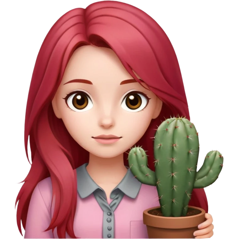 crie uma garota de cabelo longo ruivo, blusa rosa, olhos castanhos, segurando um cato cinza emoji