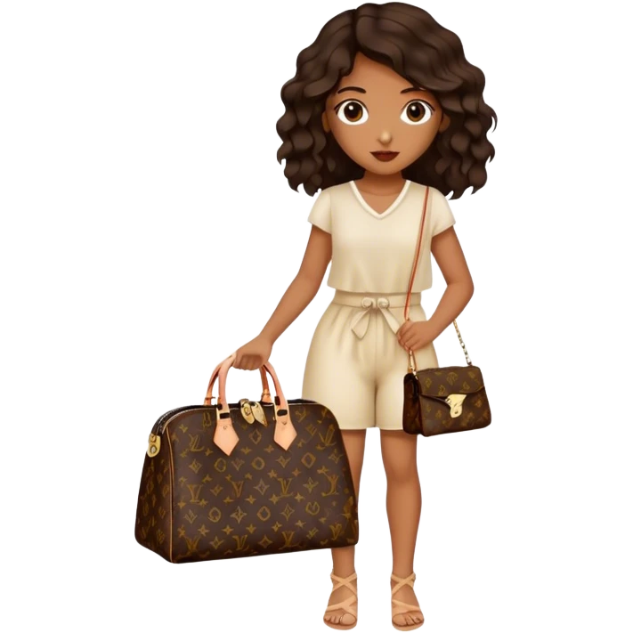  Brown girl with dark brown medium beach wavy hair carrying one Louis Vuitton purse on her arm while standing  emoji