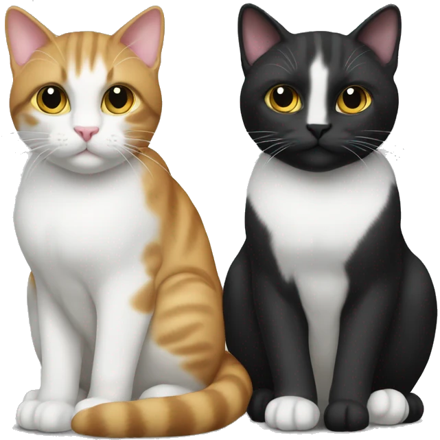 Two pet cats sitting together, one larger than the other. The biggest is all black. The smaller is black and white emoji