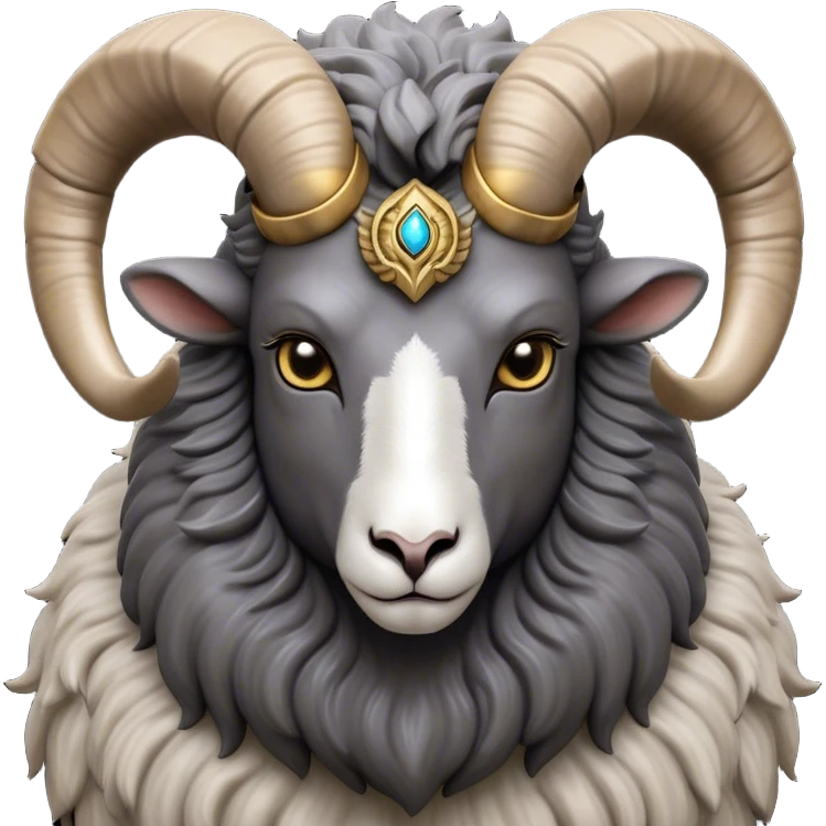 Cinematic Noble Ram Portrait Emoji, Poised and regal, with a sturdy, powerful build and a thick, woolly grey fur adorned with impressively curled horns, deep-set soulful dark eyes, Simplified yet sharp and sophisticated features, highly detailed, glowing with a soft, dignified glow, high shine, intelligent and commanding, stylized with an air of rugged majesty, focused and attentive, soft glowing outline, capturing the essence of a watchful and confident ram, so majestic it feels as though it could charge out of the screen with effortless authority! emoji