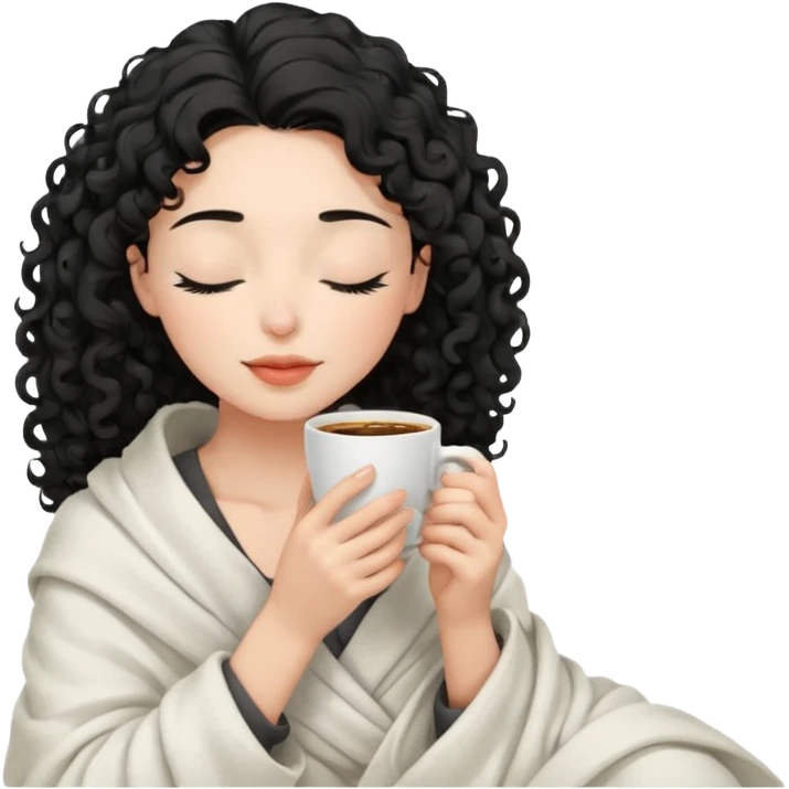Gözleri kapalı, beyaz tenli ve kıvırcık siyah saçlı saç boyu orta omuzlarında bir kadın avatar, battaniyeye sarılmış halde beyaz bir Türk kahvesi fincanından içeceğini huzurla yudumluyor. emoji