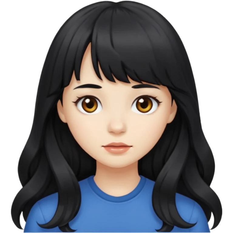 girl with long wavy black hair, straight bangs, white skin, neutral expression emoji