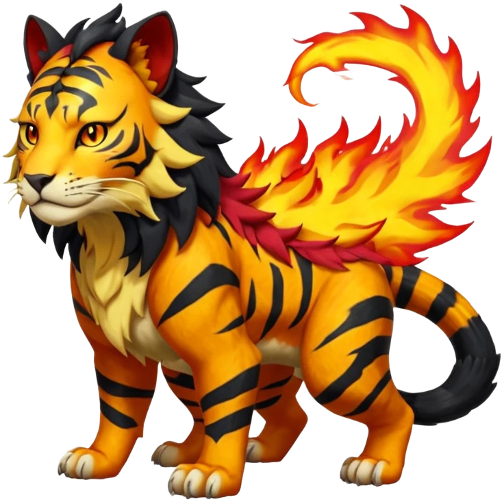 Volcanic Fiery Colorful exotic dark-colored, vibrant, golden, burning, badass, cool, realistic Pyroar-Sprigatito-Torracat-Litten-Luxray-Tigress-Tiger-Liger-Hybrid-Fakemon-Creature (full body) emoji