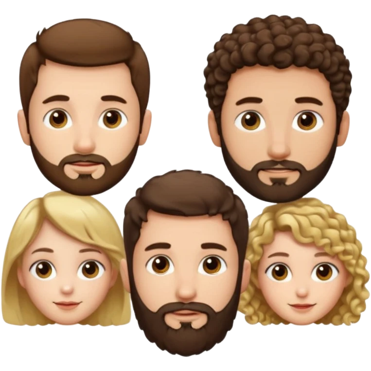 Gars cheveux bruns courts et barbe très courte, un gars avec cheveux bruns courts et barbe très courte, 1 fille cheveux bruns longs frisés, 1 fille cheveux longs blonds plats emoji