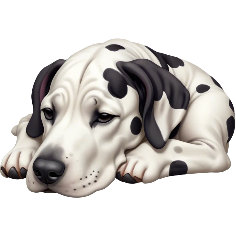 Meme-Worthy Cute Sleeping Harlequin Great Dane Portrait Emoji, Head resting peacefully with a contented smile, showcasing a delightfully majestic build and a luxuriously soft coat of predominantly white with bold black patches, eyes shut in a serene nap, Simplified yet hilariously adorable features, highly detailed, glowing with a soft, drowsy light, high shine, relaxed and utterly lovable, stylized with an air of playful laziness, bright and heartwarming, soft glowing outline, capturing the essence of a comically sleepy guardian, so meme-worthy it feels like it could instantly become the next viral sensation of adorable slumber! emoji