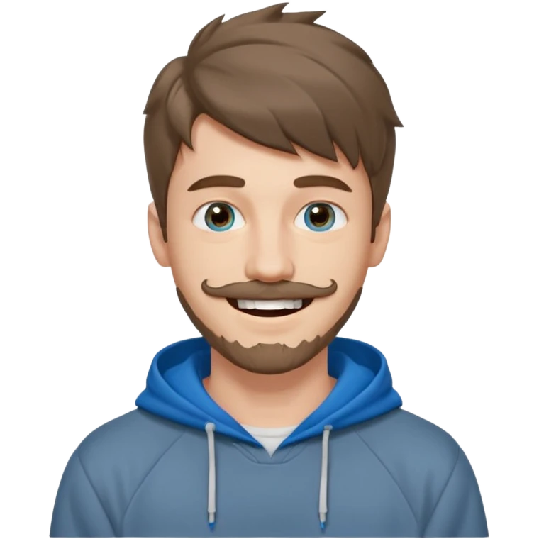 20 year old man, short scruffy beard and thin moustache, brown puffy mullet, blue eyes, big smile, white teeth, big lips, pronounced jaw, hair longer in back, sticking up on top, thin face, grey hooded sweatshirt, pale skin, big smile, blue eyes, puffy hair that is long in back, blue eyes, no bangs emoji