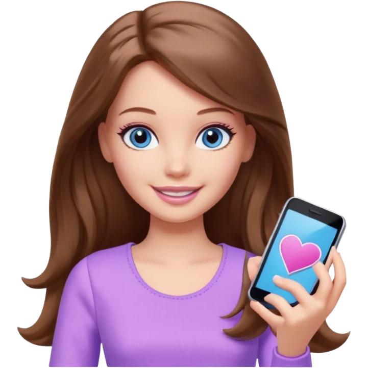 beautiful barbie girl with long brown hair, blue eyes and wearing light purple clothes playing games emoji