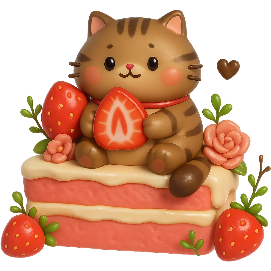Create a 3D iOS-style illustration of a cute tabby cat sitting on a strawberry cake, holding a strawberry slice, surrounded by strawberries and flowers. Use soft lighting and a glossy effect. The style should resemble GPT Image style. No background (transparent). emoji