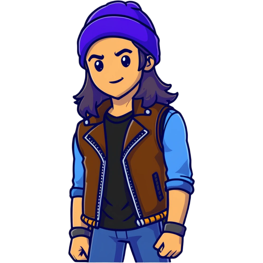 Jay from Descendants, long hair in a beanie, leather vest, athletic build emoji
