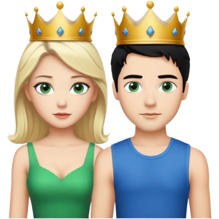 Prince with crown, black hair, body, legst, blue eyes, woman blonde hair, green eyes, sexy white short sleveless dress,  emoji