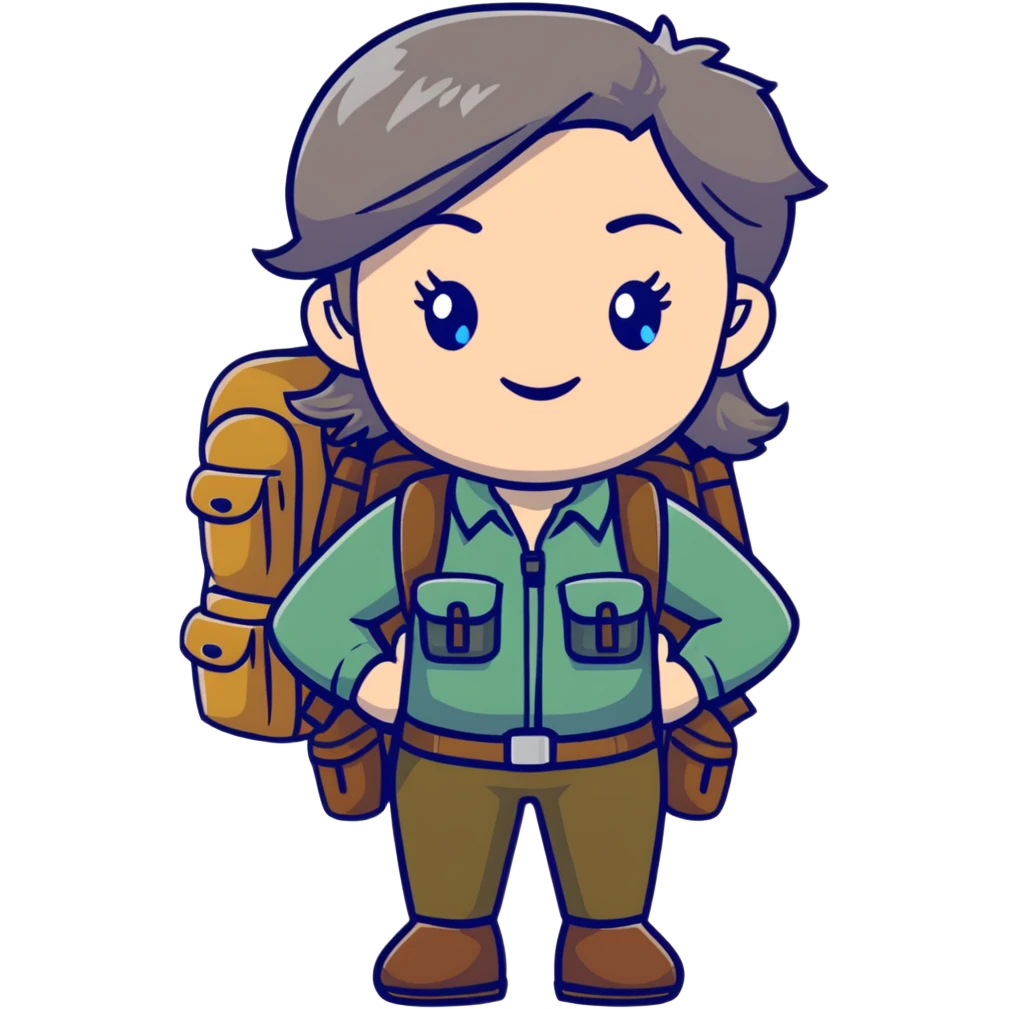 white woman park ranger with gray and brown hair, blue eyes, wearing a backpack emoji