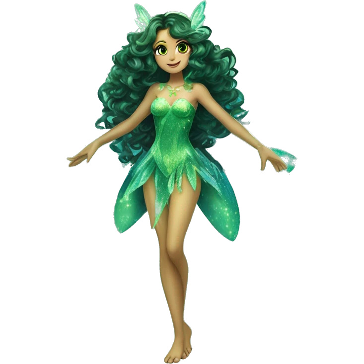 Aisha adult fairy of ocean / sea her enchantix fairy green / dark green sparkling two-piece clothing and fairy enchantix wings and long dark brown curlyhair in from winx club. Lots of sparkles and fairydust. Full body pic and full fairy bliss emoji