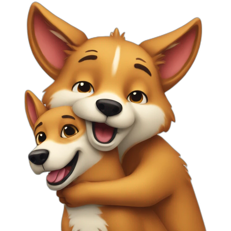 Anthropomorphic dingo giving an anthropomorphic bird a hug emoji