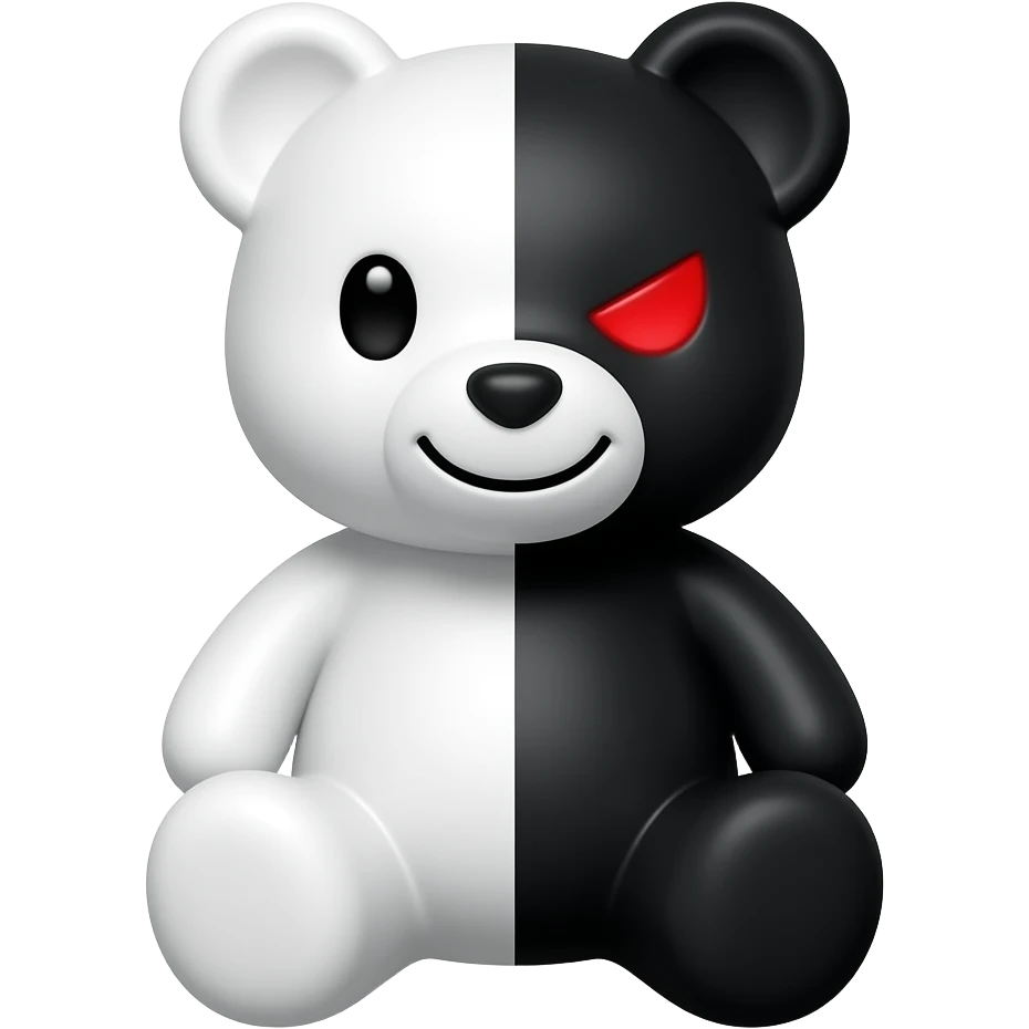 Um Ursinho de pelúcia que tem vida com metade branco é preto branco é normal mas o preto tem um sorriso maligno é olho do formato de / vermelho o nome dele é monokuma emoji