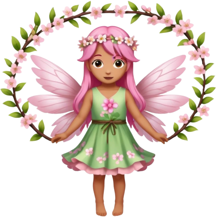 A flower fairy girl with long, light cherry blossom pink hair and wings.full body emoji