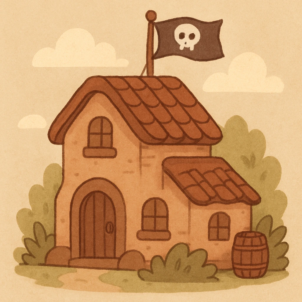 old pirate's house with skull flag emoji
