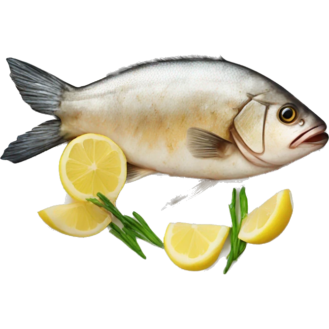 Realistic grilled fish on plate with lemon emoji