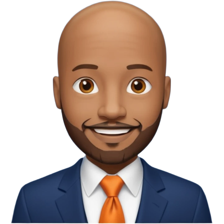 headshot of a sophisticated, stylish, bald head, smiling Caribbean black man with a beard and goatee in a navy blue suit, orange tie emoji