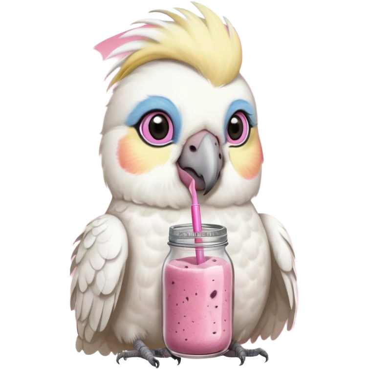 white cockatiel bird, holding mason jar with pink smoothie emoji