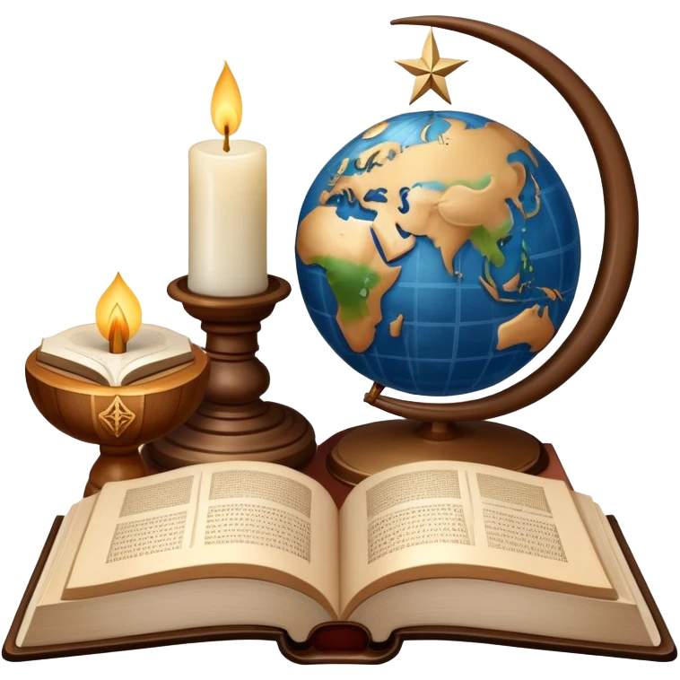An icon featuring a holy book, a candle, and a cross, symbolizing religious studies. The design includes a globe with various religious symbols: a crescent moon and star (Islam), a lotus flower (Buddhism), representing global belief systems. Transparent background. emoji