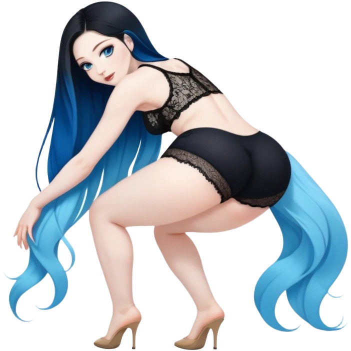 Beautiful Buxom-pawg-twerking-bending over-deep blue eyes-very very long brunette to sky blue ombre hair-big juicy booty, wearing black lace, sfw emoji