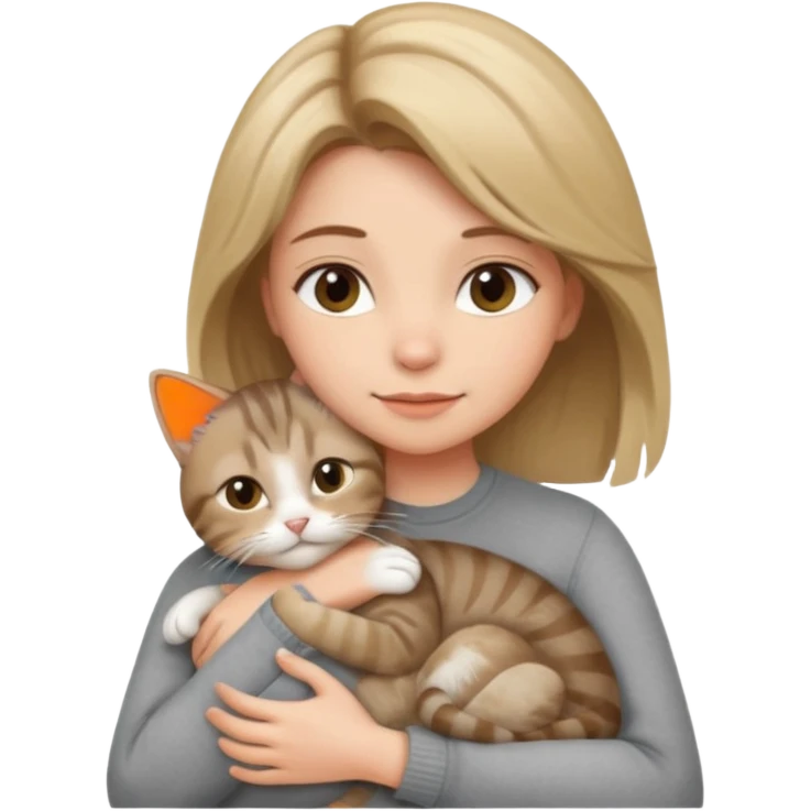 Une femme avec les cheveux dégradée, brun clair et blond, qui fait un câlin à son chat gris, tigré  emoji