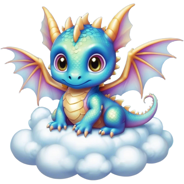 Airbrush painted image of an adorable little baby dragon with large glistening eyes sitting on a cloud under a deep galactic sky with pearlescent scales and wings spread against the stars emoji