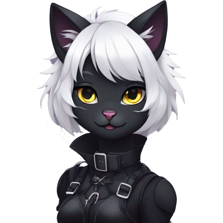 Gorgeous furry gothic dark techwear anime style anthro black cat furry sona Fakemon with blushing face aesthetic and pretty edgy black with collar and harness trending style emoji