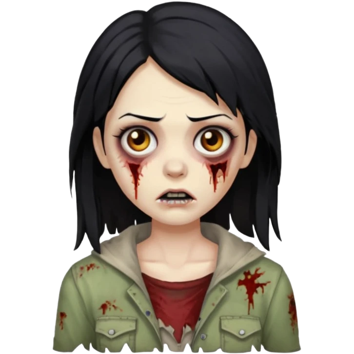 Uma mulher zombie de cabelo preto médio e olho castanho emoji